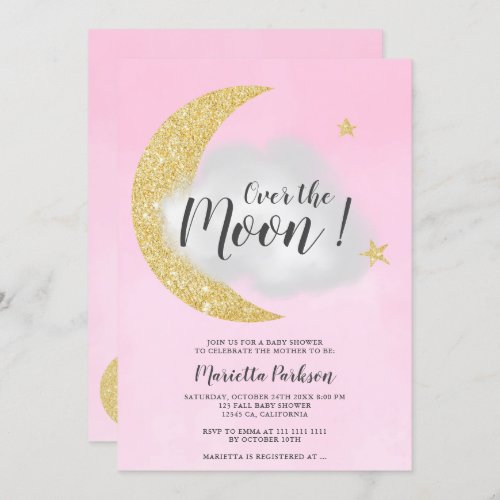 Pink gold glitter over the moon star baby shower invitation