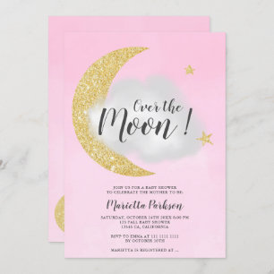 Pink gold glitter over the moon star baby shower invitation