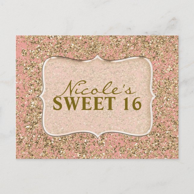 Pink & Gold Glitter Party Custom Invitation Postcard (Front)