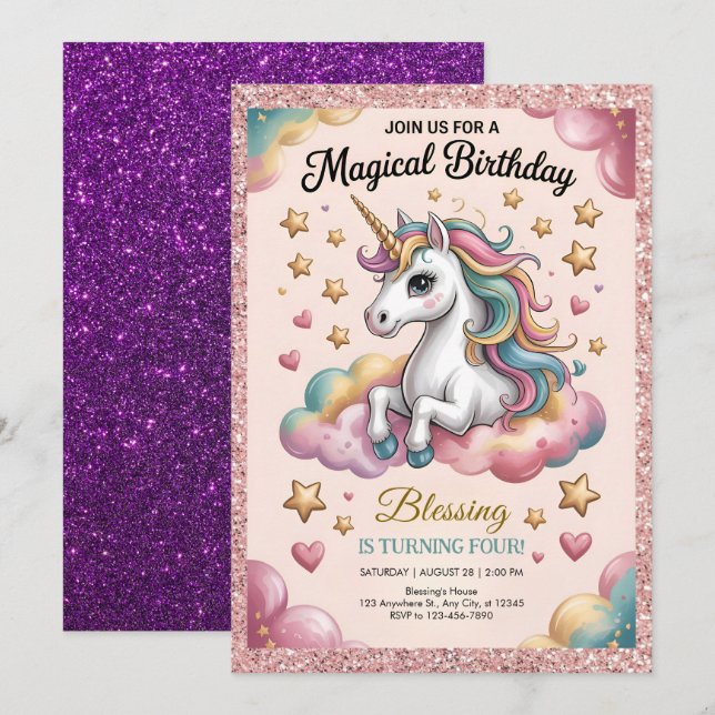 Pink & Gold Glitter Party Invitation (Front/Back)