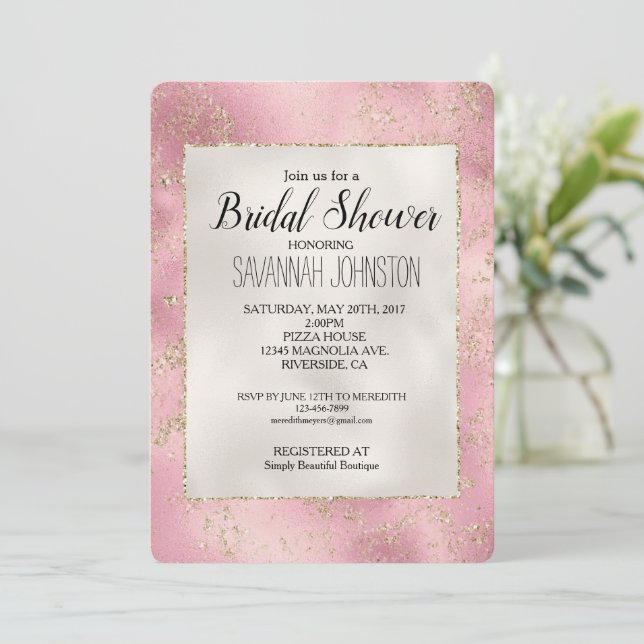 Pink Gold Glitter Pearl White Bridal Shower Invitation (Standing Front)