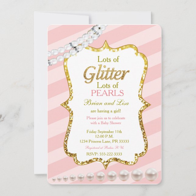 Pink & gold Glitter & Pearls Baby Shower invites (Front)