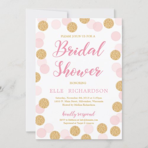 Pink gold glitter polka dot modern bridal shower invitation