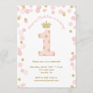 Pink Gold Glitter Princess 1st Birthday Invitation
