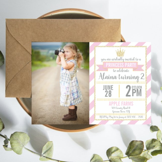 Pink Gold Glitter Princess Birthday Picture Invite (Creator Uploaded)