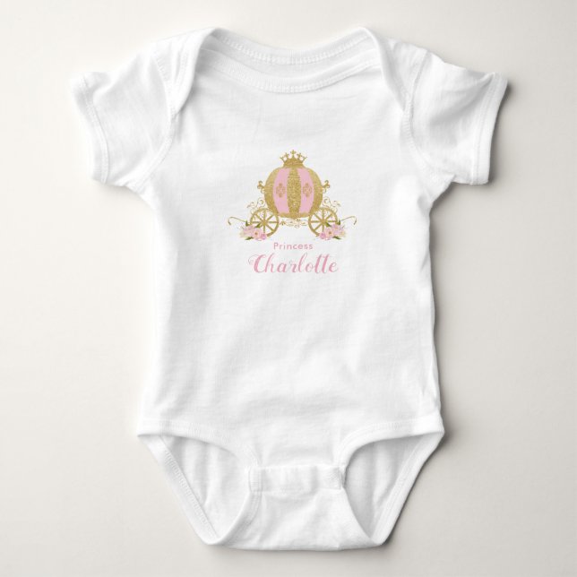 Pink Gold Glitter Princess Carriage 1st Birthday Baby Bodysuit (Front)