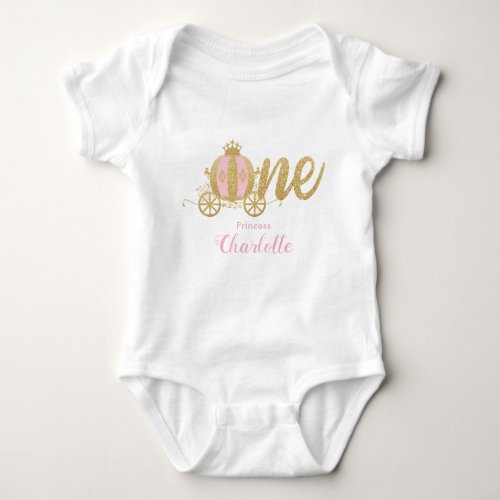 Pink Gold Glitter Princess Carriage First Birthday Baby Bodysuit