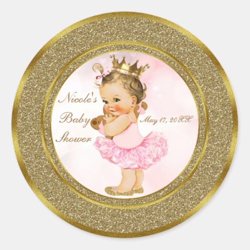 Pink Gold Glitter Princess Vintage Baby Girl Favor Classic Round Sticker