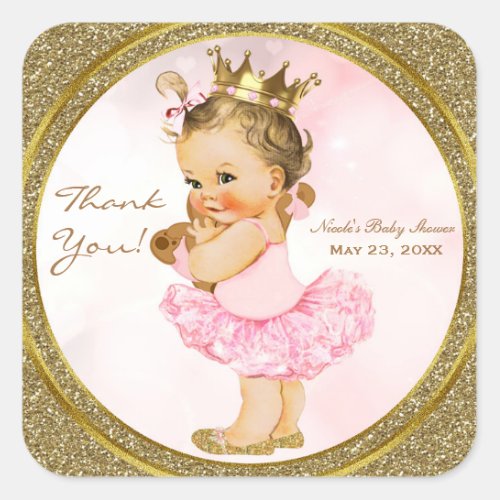 Pink Gold Glitter Princess Vintage Baby Girl Favor Square Sticker