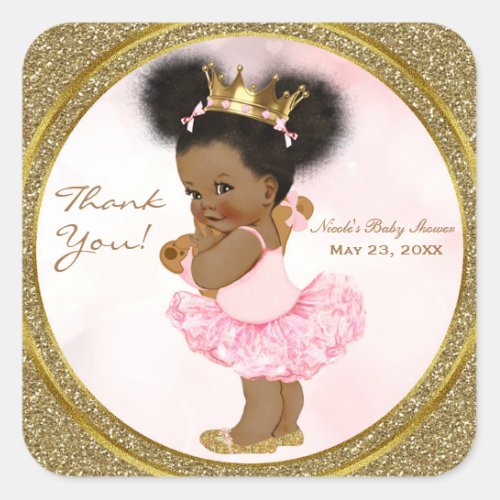 Pink Gold Glitter Princess Vintage Baby Girl Favor Square Sticker