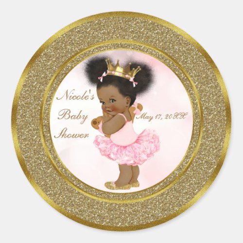 Pink Gold Glitter Princess Vintage Black Baby Girl Classic Round Sticker