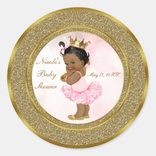 Pink Gold Glitter Princess Vintage Black Baby Girl Classic Round Sticker