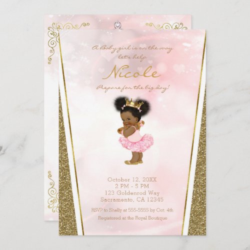 Pink Gold Glitter Princess Vintage Black Baby Girl Invitation