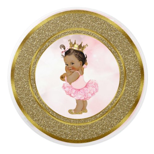 Pink  Gold Glitter Princess Vintage Tan Baby Girl Ceramic Knob