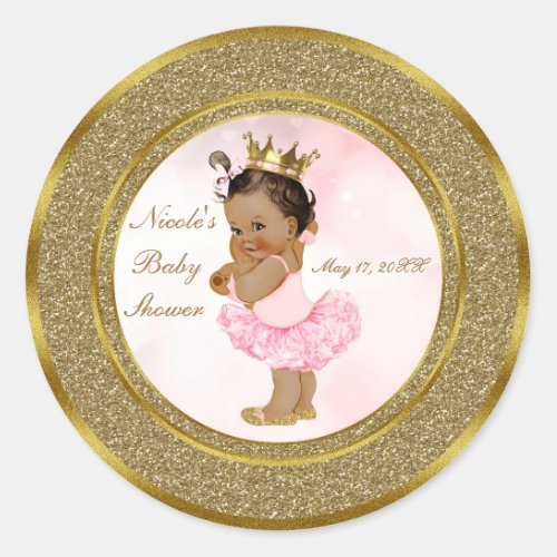Pink Gold Glitter Princess Vintage Tan Baby Girl Classic Round Sticker