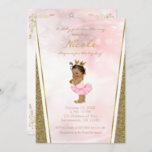 Pink Gold Glitter Princess Vintage Tan Baby Girl Invitation