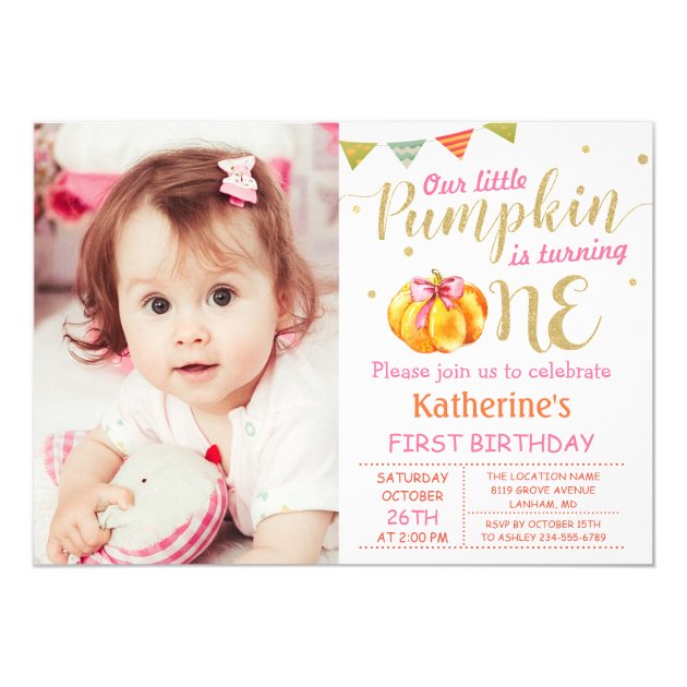 Pink Gold Glitter Pumpkin Baby 1st Birthday Photo Card