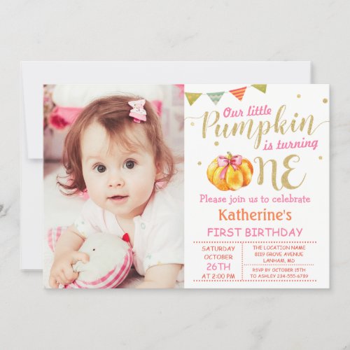 Pink Gold Glitter Pumpkin Baby 1st Birthday Photo Invitation
