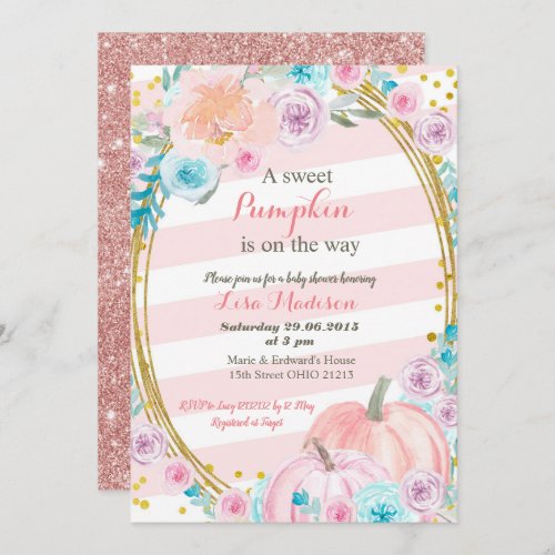 Pink Gold Glitter Pumpkin baby shower Invitation