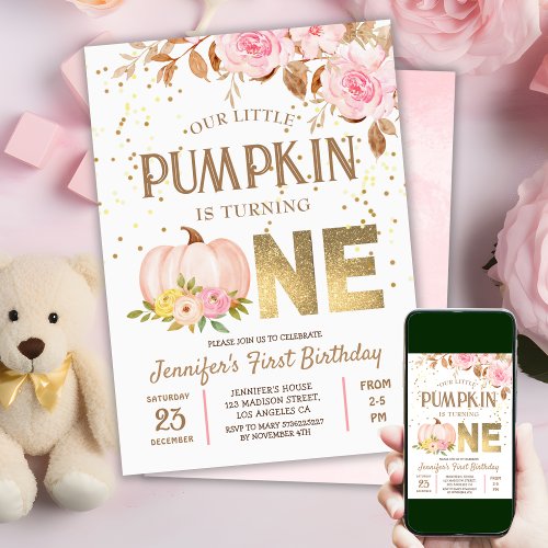 Pink Gold Glitter Pumpkin Floral Girl 1st Birthday Invitation
