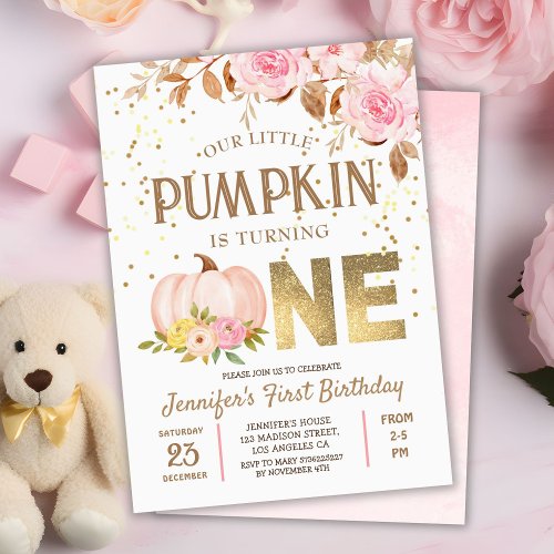 Pink Gold Glitter Pumpkin Floral Girl 1st Birthday Invitation