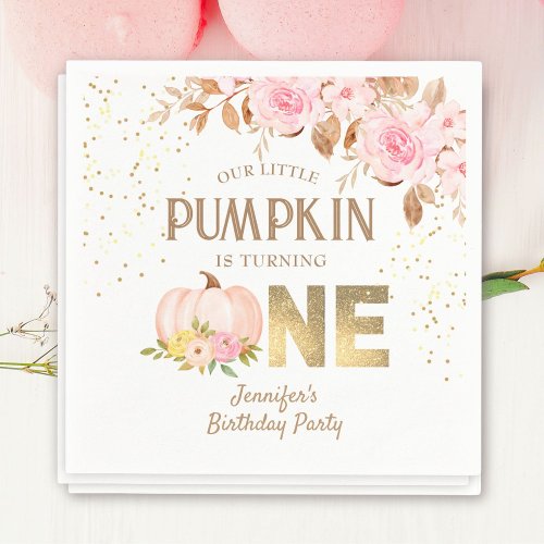 Pink Gold Glitter Pumpkin Floral Girl 1st Birthday Napkins