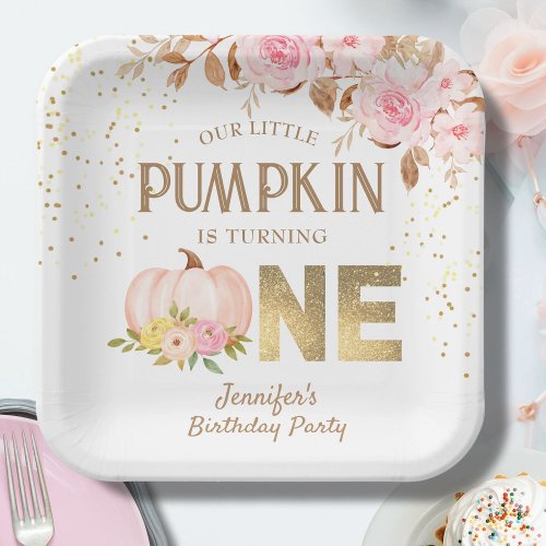 Pink Gold Glitter Pumpkin Floral Girl 1st Birthday Paper Plates