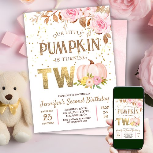 Pink Gold Glitter Pumpkin Floral Girl 2nd Birthday Invitation