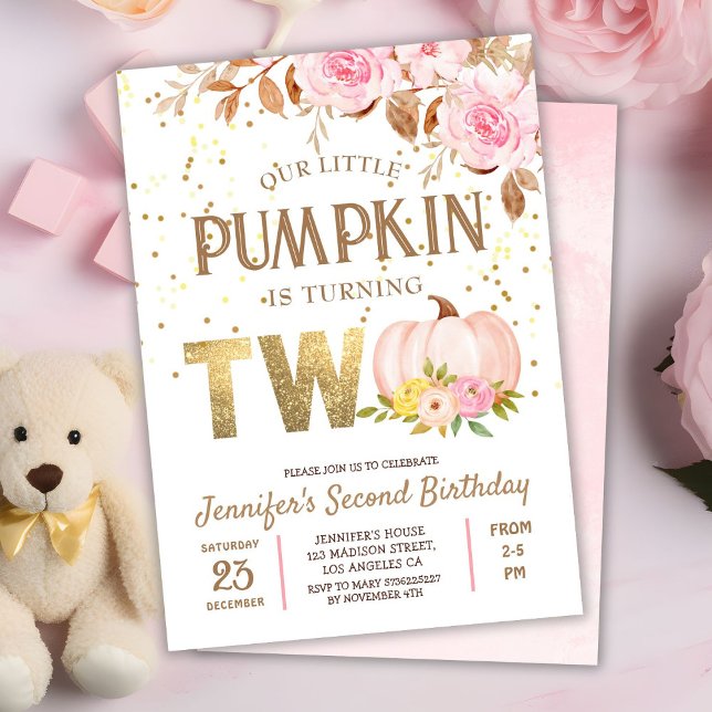 Pink Gold Glitter Pumpkin Floral Girl 2nd Birthday Invitation (Creator Uploaded)