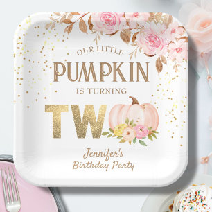 Pink Gold Glitter Pumpkin Floral Girl 2nd Birthday Paper Plates