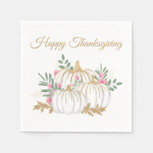 Pink Gold Glitter Pumpkin Floral Thanksgiving Napkins