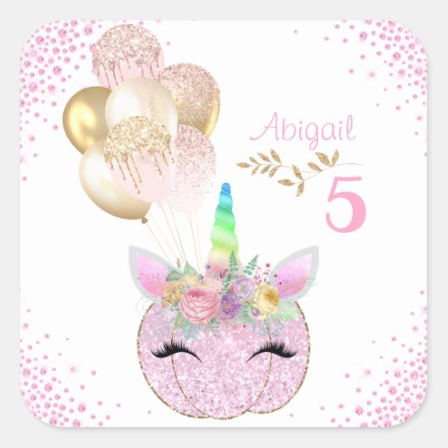 Pink Gold Glitter Pumpkin Unicorn Girls Birthday Square Sticker