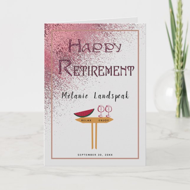 Pink Gold Glitter Rain Happy Retirement Card (Front)