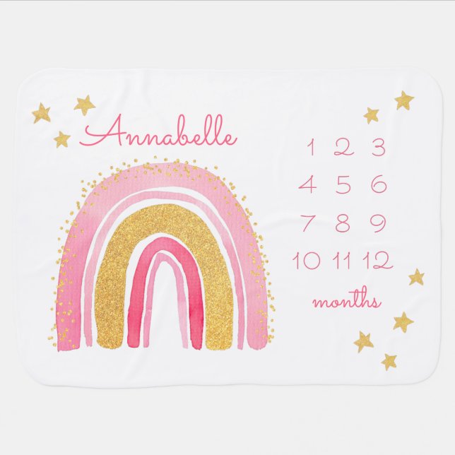 Pink Gold Glitter Rainbow Baby Milestone Blanket (Horizontal)
