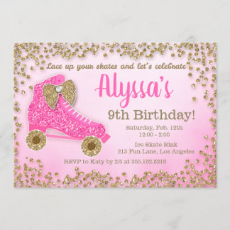 Pink & Gold Glitter Roller Skate Girl's Birthday Invitation