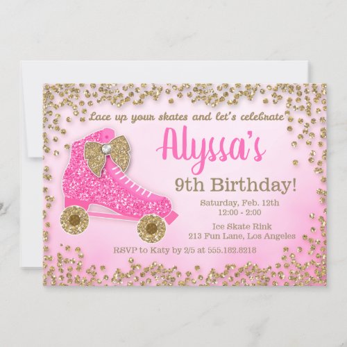 Pink  Gold Glitter Roller Skate Girls Birthday Invitation