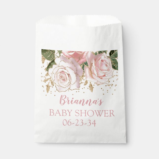 Pink Gold Glitter Roses Baby Shower Favor Bag (Front)