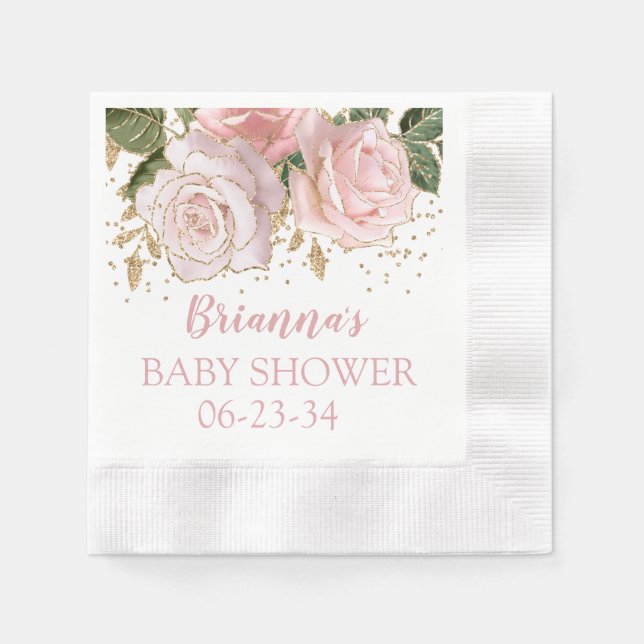 Pink Gold Glitter Roses Baby Shower Napkins (Front)