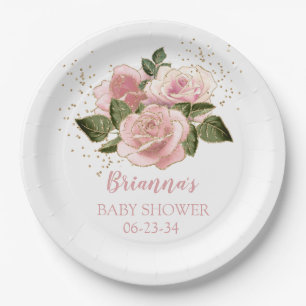 Pink Gold Glitter Roses Baby Shower Paper Plates