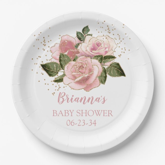 Pink Gold Glitter Roses Baby Shower Paper Plates (Front)