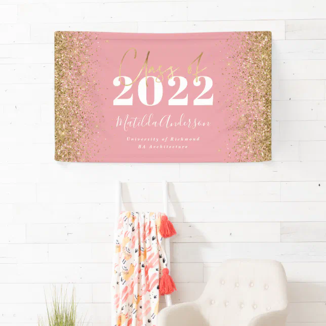 pink gold glitter script class of graduation banner | Zazzle