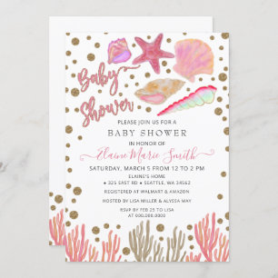 Pink Gold Glitter Seashells Sea Beach Baby Shower Invitation
