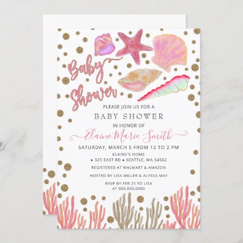 Pink Gold Glitter Seashells Sea Beach Baby Shower Invitation
