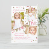 Pink Gold Glitter Second Birthday 3 Photo Collage Invitation (Standing Front)