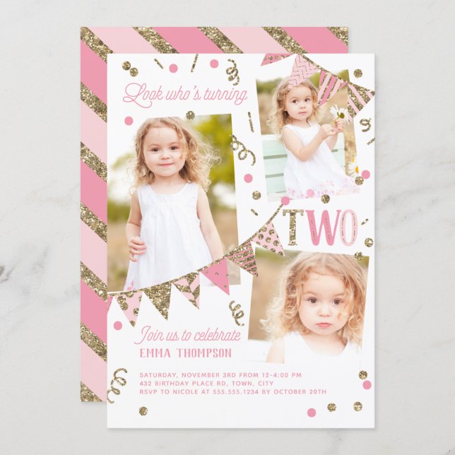 Pink Gold Glitter Second Birthday 3 Photo Collage Invitation (Front/Back)