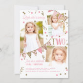 Pink Gold Glitter Second Birthday 3 Photo Collage Invitation (Front)