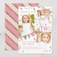 Pink Gold Glitter Second Birthday 3 Photo Collage