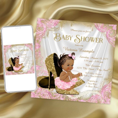 Pink Gold Glitter Shoe Pearl Ethnic Baby Shower Invitation