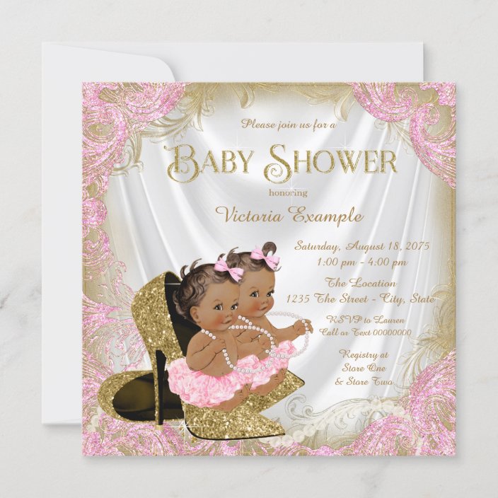 Pink Gold Glitter Shoe Twin Girl Baby Shower Invitation Zazzle Com