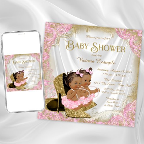 Pink Gold Glitter Shoe Twin Girl Baby Shower Invitation